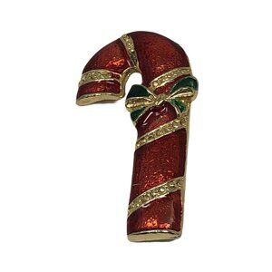 Christmas Candy Cane Brooch Pin Red Enamel Gold‎ Holiday Bow Pin